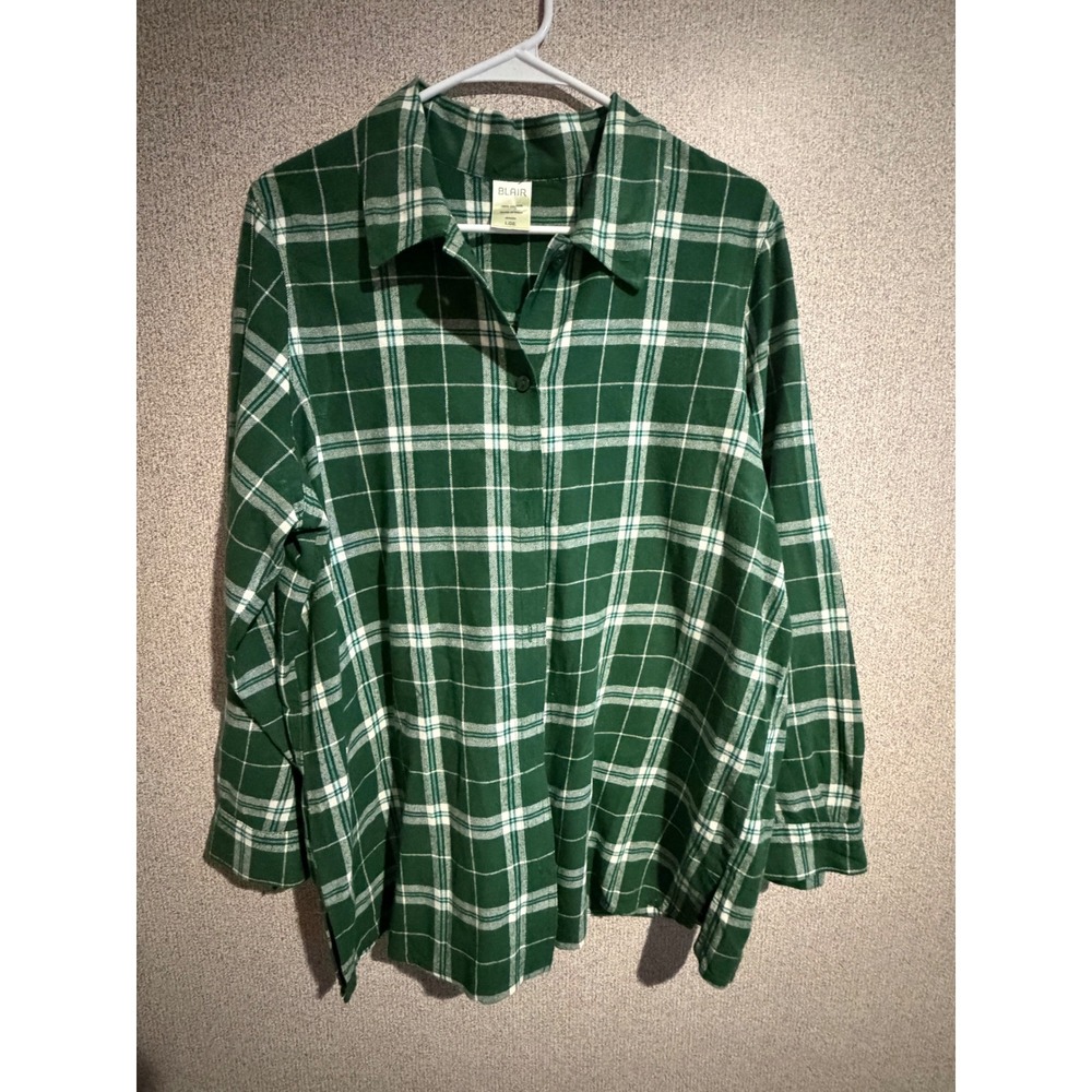 Blair Womens Green White Plaid Button Down Shirt 100% Cotton Long Sleeve Large